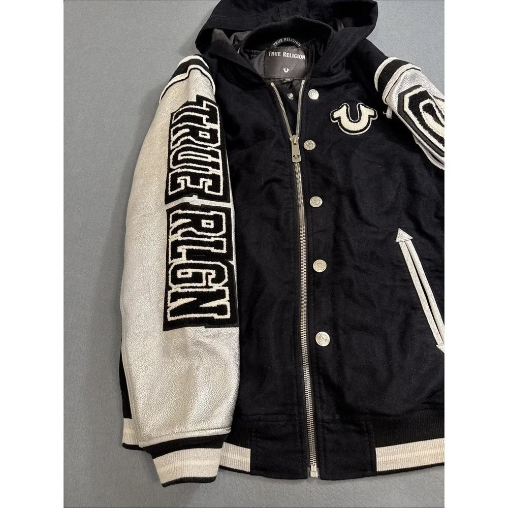 JACKET BOMBER LEATHER Varsity MEN MED MSRP $799  EXCELLENT JACKET TRUE‎ RELIGION